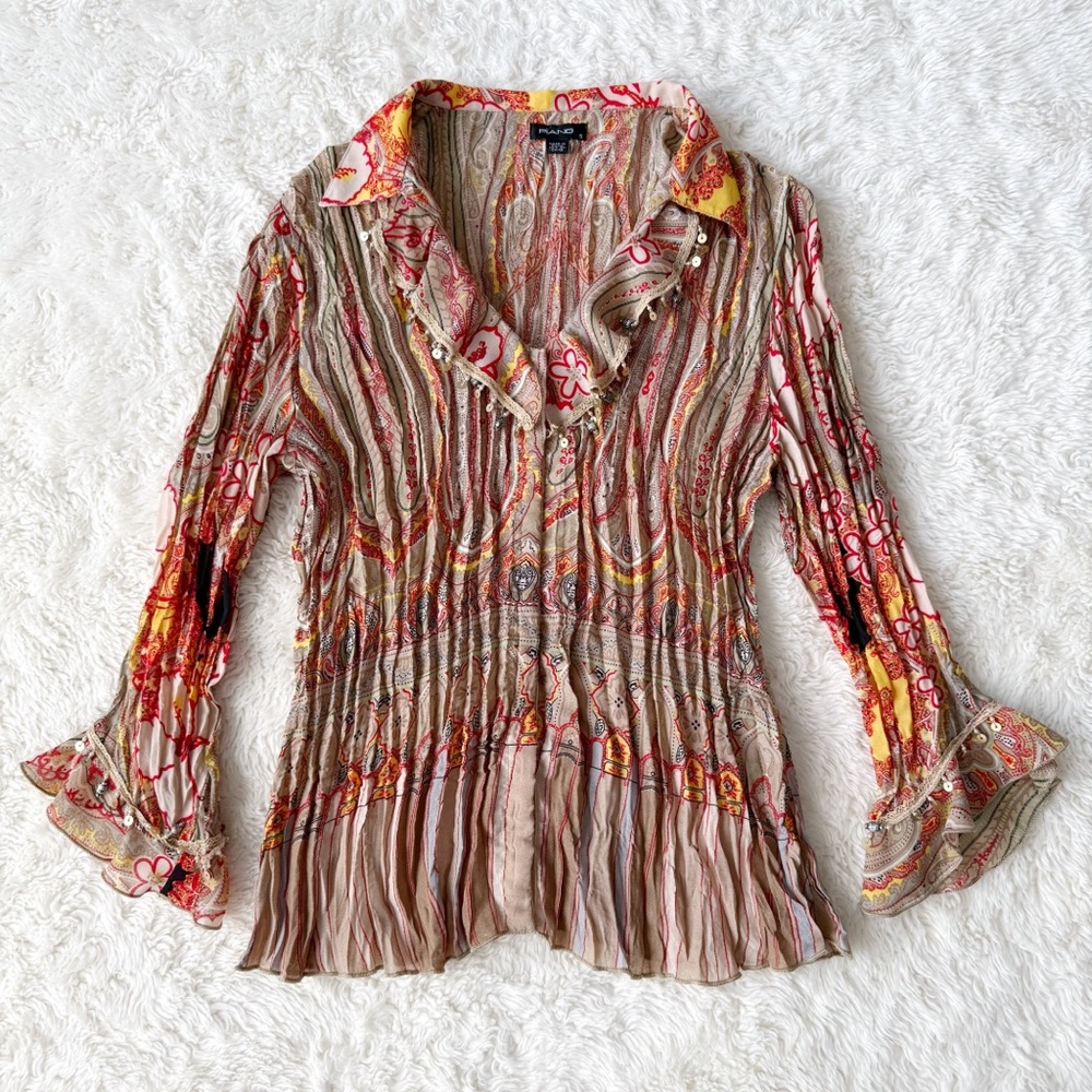 VTG Y2K 90s Piano Paisley Crinkle Ruched V-Neck Ruffle Bell Sleeve Top SMALL